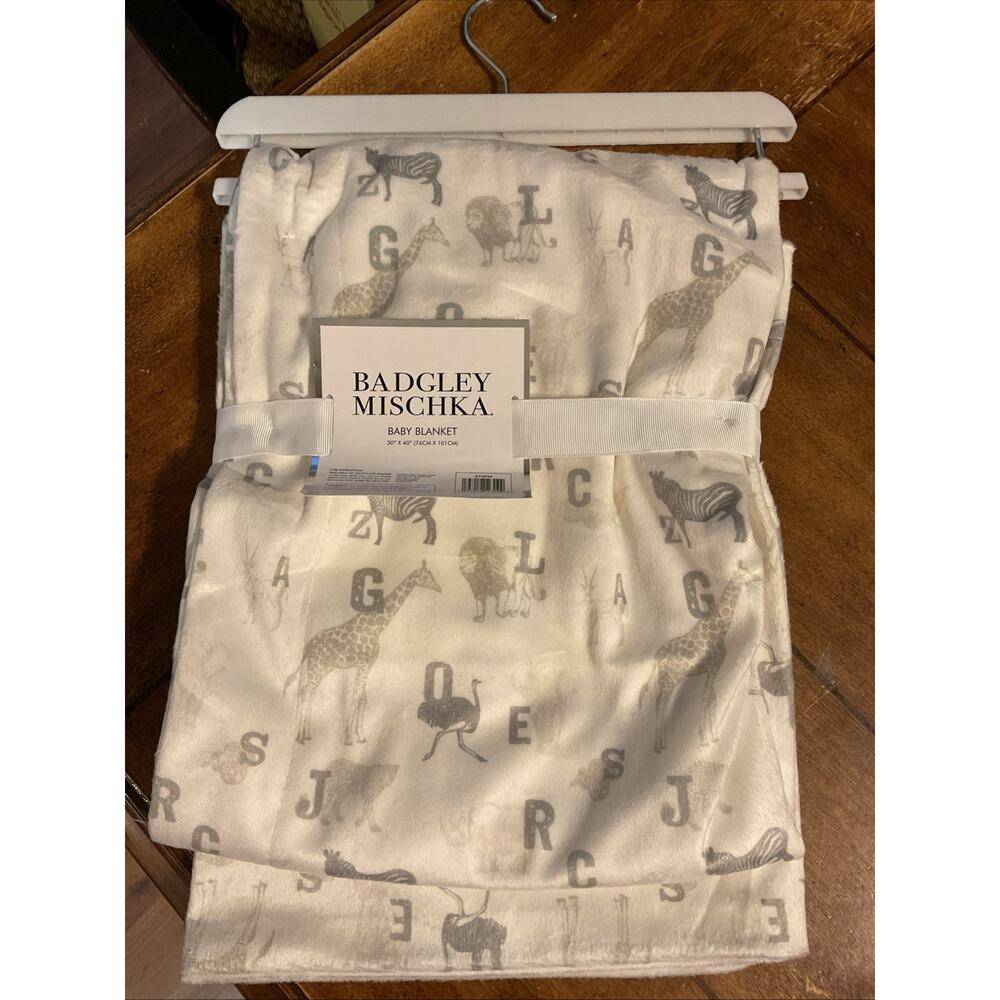 Badgley Mischka - Gray Animals Alphabet Print - Mink Baby Blanket - NEW